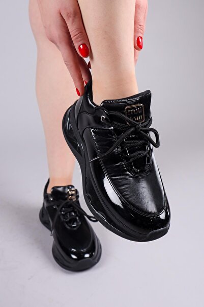 Birikon Tirol Patent Leather g Paneled Parachute Sports Shoes Black