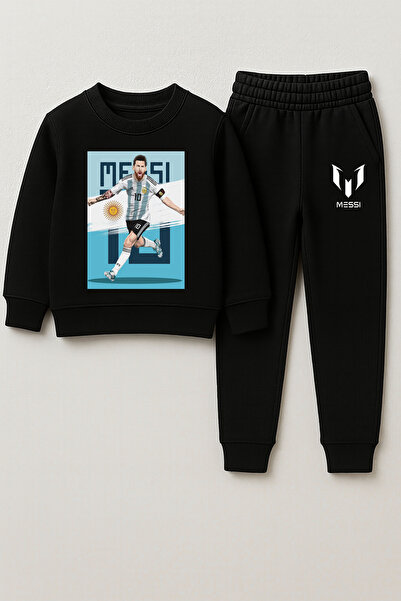 MODA Set de trening negru pentru copii Lionel Messi cu imprimeu Kids guler ro...