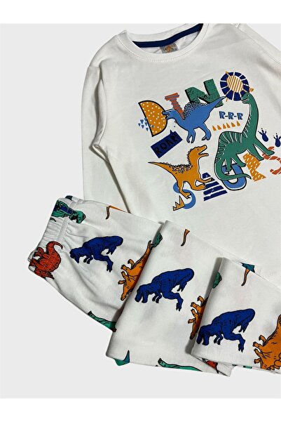 elmas kids Boy's 100% Cotton White Dinosaur Print Long Sleeve Pajamas Set