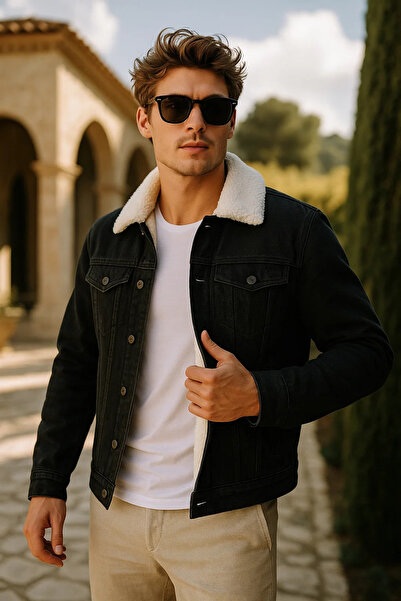 comstar Men's Winter Premium Casual Fur Lined Black Denim Jacket