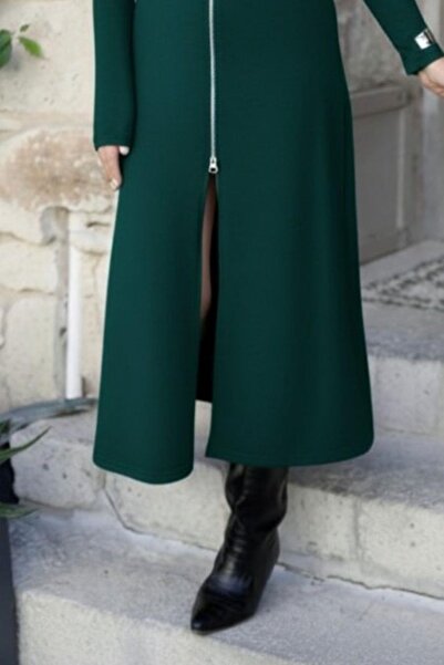 Mossta Imported Crepe Dress with Front Zipper - Green