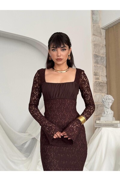 Julidress Square Lace Collar Lined Midi Length Premium Lace Dress