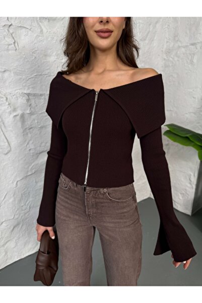 Elif Özbey Butik Brown Madonna Collar Double-Way Zipper Blouse