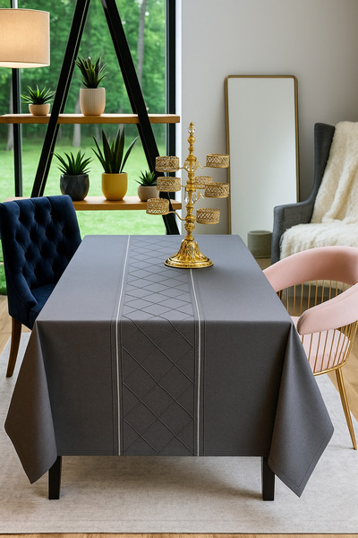 Konyaaltı Çeyizevi Antrasit Su ve Leke İtici Dertsiz Kumaş Masa Örtüsü