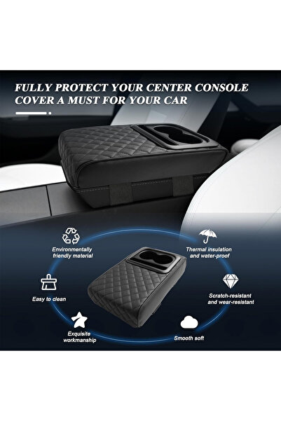 AGC Universal Car Armrest Cushion with Dual Cup Holder & Storage Slot – Black PU Leather Cover