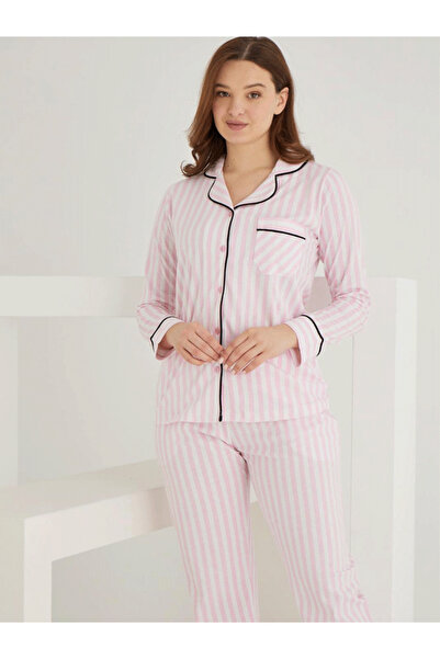 LİNOTTİ Cotton Front Buttoned Striped Shirt Model Pajama Set 021210