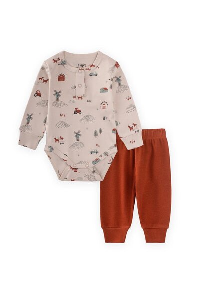 Cigit Farm Patterned Bodysuit Set 0-3 Years Old Beige