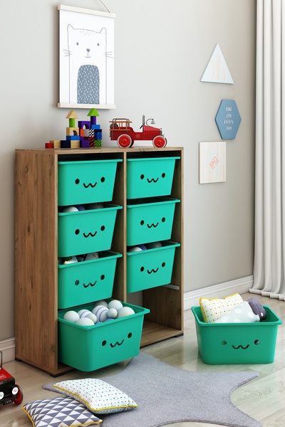 DEKOZUM KİDS Gülen Yüzlü 8 Large Sepetli Dolap Oyuncak Dolabı Çok Amaçlı Mutf...