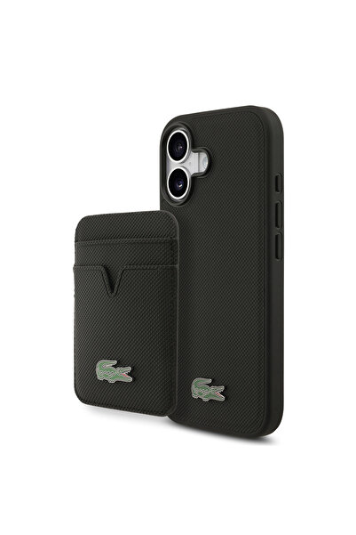 Lacoste iPhone 17 uyumlu Kılıf Lisanslı M-safe Özellikli PU Pike Desenli Metal Logolu Kartlıklı Kapak Siyah