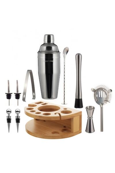 Kamille Set barman cu 11 piese, oțel inoxidabil, cu suport, argintiu