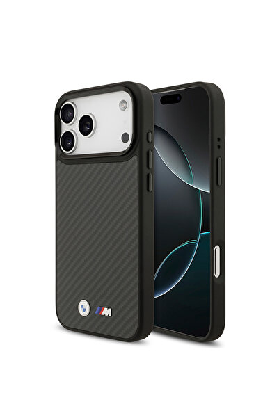 BMW iPhone 17 Pro Max Uyumlu Kılıf Lisanslı M-safeli Karbon Fiber Metal Logolu Kevlar Kapak Siyah
