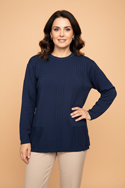 Ravencia Women's Crew Neck Stretch Fabric Patterned Knitwear Mother Sweater