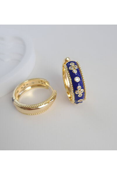 Norevia Mavi Mineli Çiçek desenli Halka Küpe
