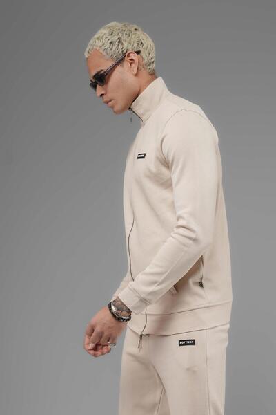 SOFTWAY Φούτερ Unisex Regular Fit με ψηλός λαιμός τσέπες με φερμουάρ - Μπεζ