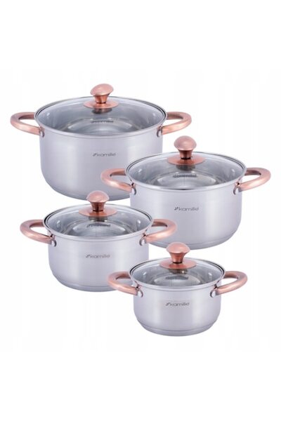 Kamille Set of 4 Stainless Steel Pots with 4 Lids, Kamille, Induction, 1.5–5.0 L