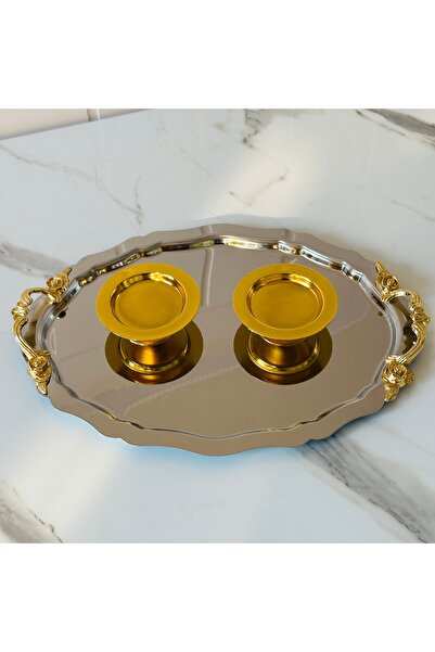 Melinda Lunea 2-Piece Gold Handled Oval Coffee and Promise Tray - Ring Holder Set (20X25Cm)
