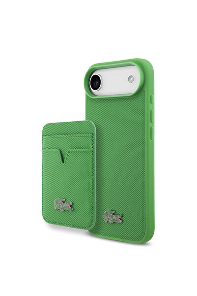 Lacoste iPhone 17 Air Compatible Case Licensed M-Safeli Pu Pike Patterned Metal Logo Card Holder Cover Green