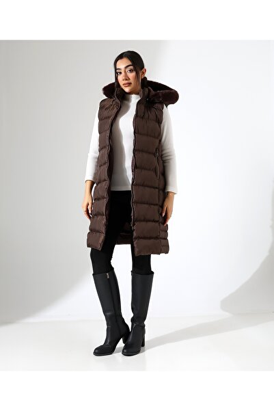 Fi'l Arz Fashion Fur Detail Hooded Plus Size Puffer Vest