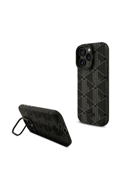 Lacoste iPhone 16 Pro Max uyumlu Kılıf Lisanslı M-safeli Standlı PU Karışık Monogram Desenli Kapak Siyah