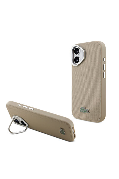 Lacoste iPhone 17 Compatible Case Licensed M-Safeli Pu Pike Patterned Stand Cover with Metal Logo Beige