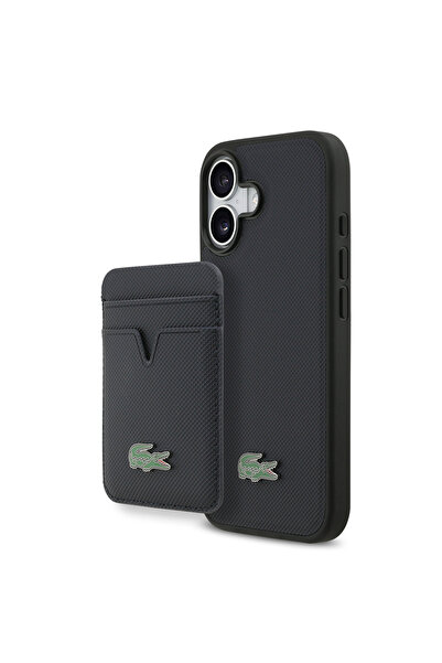 Lacoste غطاء متوافق مع هاتف iPhone 17، غطاء مصنوع من جلد البولي يوريثان بنمط M-safeli مع شعار معدني وحامل بطاقات، باللون الأزرق الداكن