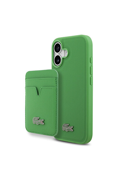 Lacoste iPhone 17 Kılıf Lisanslı M-safe Özellikli PU Pike Desenli Metal Logolu Kartlıklı Kapak Yeşil