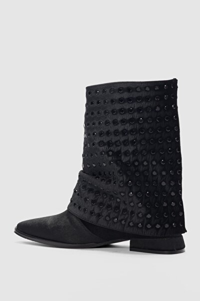 selin shoes Vionne Kadife Kumaş Üzerine Siyah Taş Detaylı Alçak Topuklu Kadın Bot- SİYAH