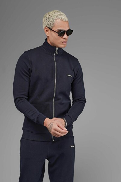 SOFTWAY Φούτερ Unisex Regular Fit με ψηλός λαιμός τσέπες με φερμουάρ - Μπλε ναυτικό
