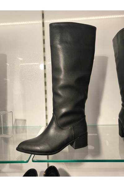 ELWİNG SHOES Siyah Suni Deri Klasik Model Sivri Burunlu 4 Cm Topuklu Çizme