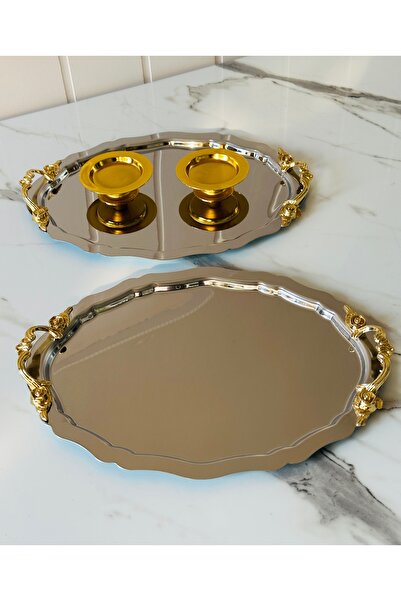 Melinda Lunea 2-Piece Gold Handled Oval Coffee and Promise Tray - Ring Holder Set (20X25Cm)