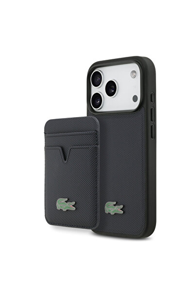 Lacoste iPhone 17 Pro Case Licensed M-Safeli Pu Pike Patterned Metal Logo Card Holder Cover Navy Blue