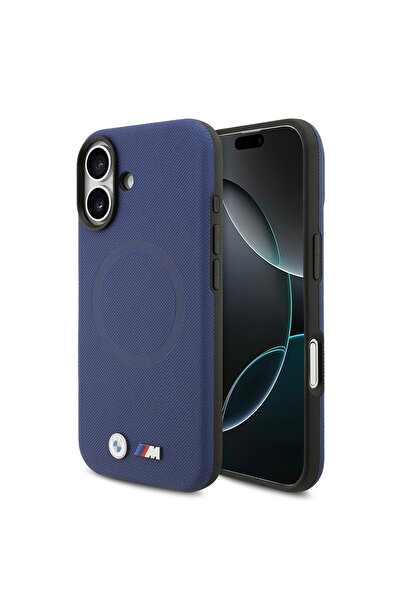 BMW iPhone 17 Uyumlu Kılıf Lisanslı M-safeli Metal Logolu Delikli M Dizayn Deri Kapak Lacivert