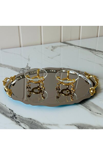 Melinda Lunea 2-Piece Gold Handled Oval Coffee and Promise Tray - Glass Ring Holder Set (20X25Cm)