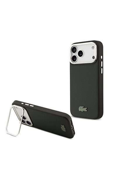 Lacoste iPhone 17 Pro Max Case Compatible Licensed M-Safeli Pu Pike Pattern Stand Metal Logo Cover Dark Green