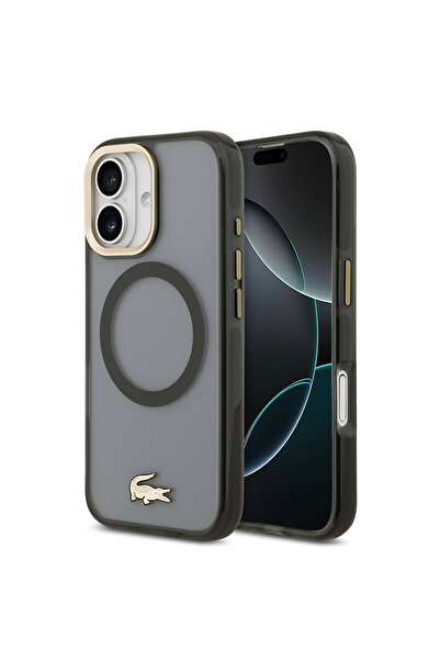 Lacoste iPhone 17 UyumluOrjinal Lisanslı M-safe Şarj Özellikli Gold Timsah Logolu Buzlu Kapak Siyah