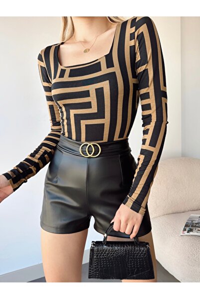 MELA ROSSA Women's Beige Geometric Square Neck Long Sleeve Viscose Blouse