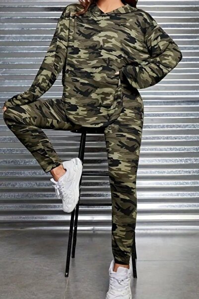 Mossta Hooded Camouflage Patterned Blouse and Pants Two-Piece Set - Green