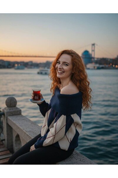 MY DEPO Women's Madonna Collar Diamond Pattern Knit Sweater