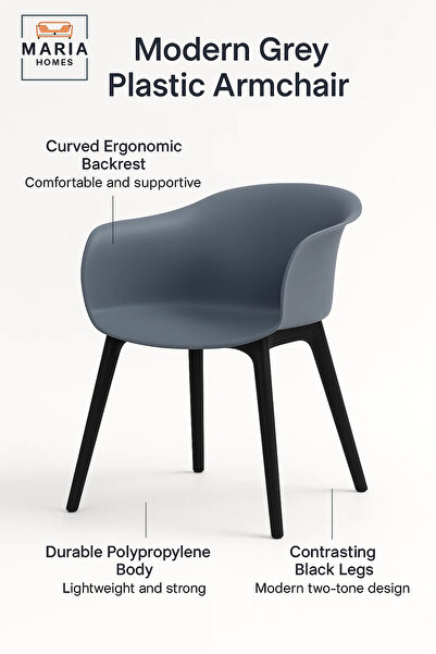 MARIA HOMES Grey Plastic Armchair – Modern Curved Shell Chair with Black Legs for Indoor & Outdoor Use