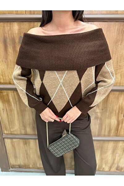 MY DEPO Women's Madonna Collar Diamond Pattern Knit Sweater