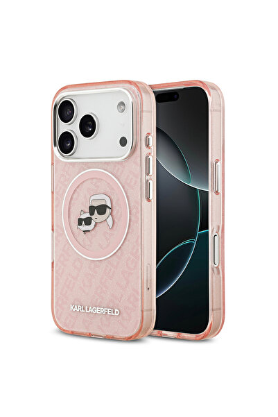 Karl Lagerfeld iPhone 17 Pro Max Kılıf Lisanslı Parlayan Simli Karl & Choupette Heads Kapak Pembe