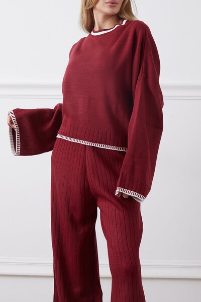 hiraz fashion Women's Burgundy Shepherd's Stitch Double Knitting Suit