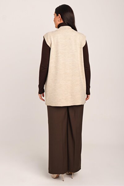 Uludağ Triko Kadın Bej Triko Örme Dokulu Hattuş Kışlık Anne Yelek
