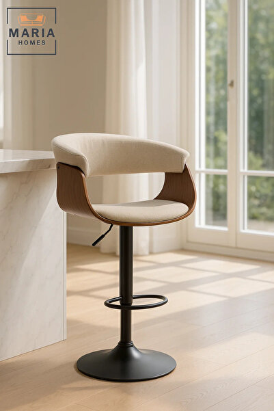 MARIA HOMES Beige Upholstered Adjustable Swivel Bar Stool with Curved Wood Backrest & Metal Footrest for Kitchen