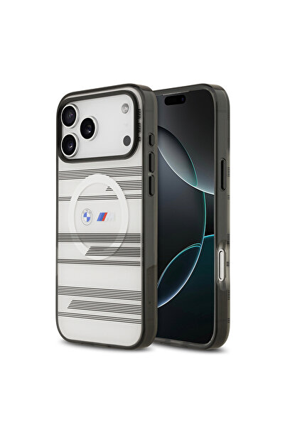 BMW iPhone 17 Pro Max Kılıf Lisanslı M-safeli Metal Kamera Butonlu Yatay Şerit M Dizayn Kapak Gümüş