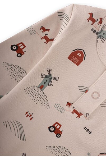 Cigit Farm Patterned Bodysuit Set 0-3 Years Old Beige