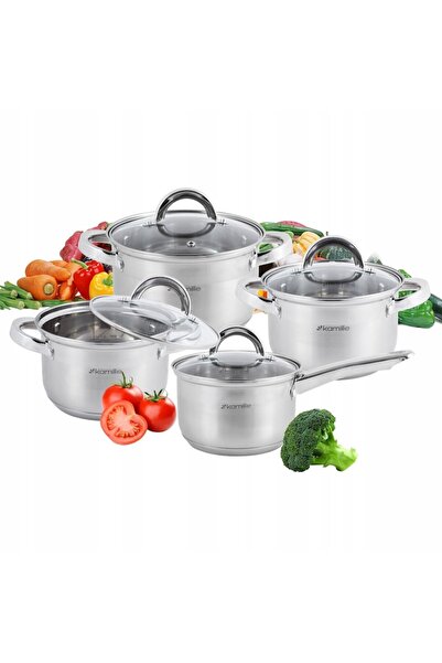 Kamille 8-piece stainless steel cookware set, 2.1/2.9/3.9/6.5 L, 16/18/20/24 cm, Silver