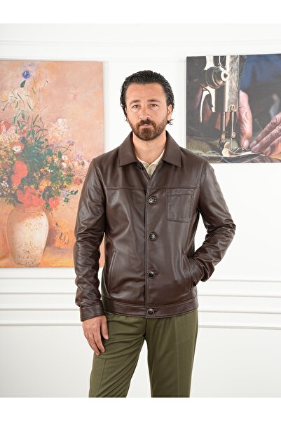 PAREZ Erkek Slim Fit Düğmeli Hakiki Naturel Deri Mont Deri - Kahve