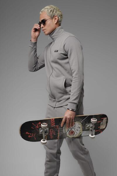 SOFTWAY Unisex Regular Fit Interlock Pique Sweatshirt with Mock Neck Zipper Pockets - Gray