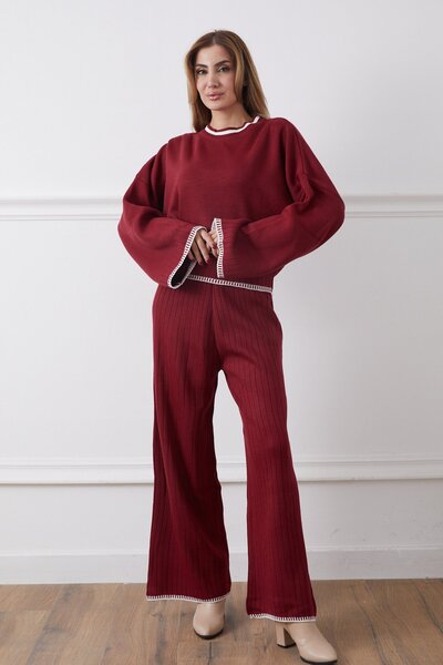 hiraz fashion Women's Burgundy Shepherd's Stitch Double Knitting Suit